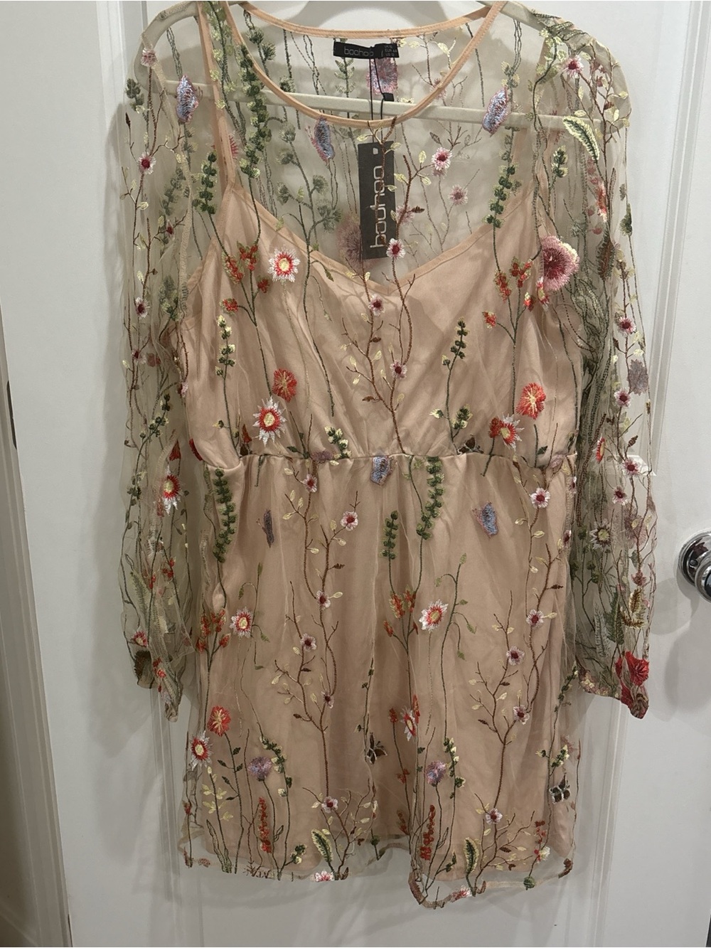 Boohoo Beige Sheer Floral-Embroidered Long Sleeve Dress